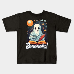 Funny Halloween Cute Ghost Reading a Book Moon Stars Sky Kids T-Shirt